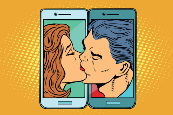 Drawing of a woman on one cell phone and a man on the other coming out of the phones and kissing. (Graphic: Thematic)
