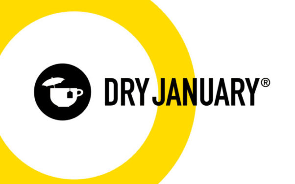 Dry January black & yellow logo with a tea cup holding a tea back and a cocktail umbrella. (Graphic: Alcohol Change UK)
