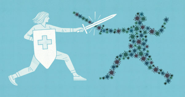 Illustration of a medevil knight fighting another made out of germs. (Illustration: Dan Page)