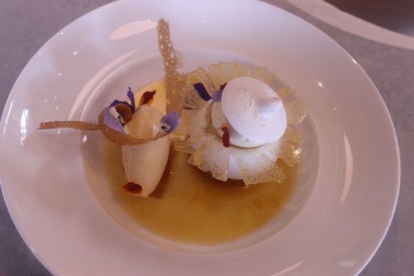 Pavlova with roasted pineapple compote, ginger crémeux and passionfruit sorbet. (Photo: Mark Heckathorn/DC on Heels)