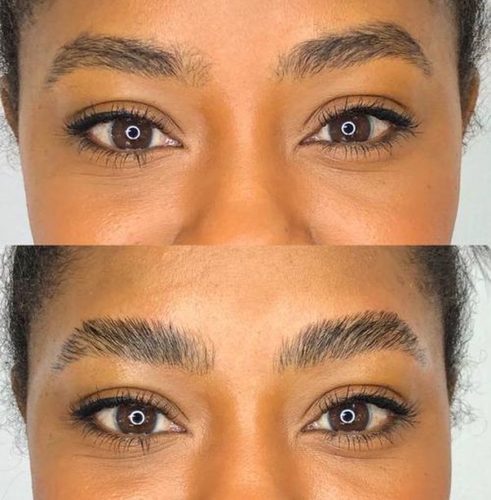 The author's eyebows before (top) and after (bottom). (Photo: Hyperreal Brows)