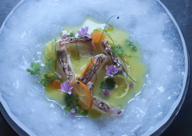 Torched red snapper, in chilled citrus dashi with shirasu, spring onion, mandarins and limes. (Photo: Mark Heckathorn/DC on Heels)