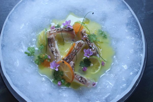 Torched red snapper, in chilled citrus dashi with shirasu, spring onion, mandarins and limes. (Photo: Mark Heckathorn/DC on Heels)