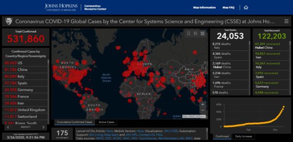 Screenshot of Johns Hopkins University global coronovirus map showing number of confirmed cases, total deaths and total recovered. (Image: Johns Hopkins University)