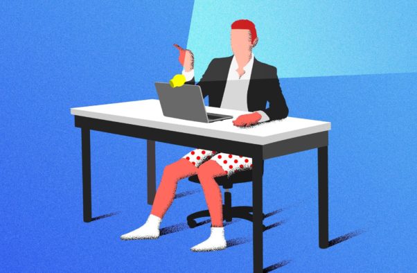 Illustration of a man video chatting with a shirt and sport coat on but not pants, only boxers. (Graphic: Getty Images)