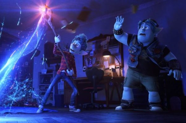 Ian Lightfood (Tom Holland) holds a staff and performs a magic spell that will bring his father back for a day while brother Barley (Chris Pratt) watches. (Photo: Walt Disney Studios/PIxar)