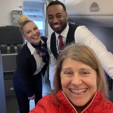 Pardo (front), Jessica (left) and Dion (right) pose for a selfie aboard the plane. (Photo: Sherly Pardo)