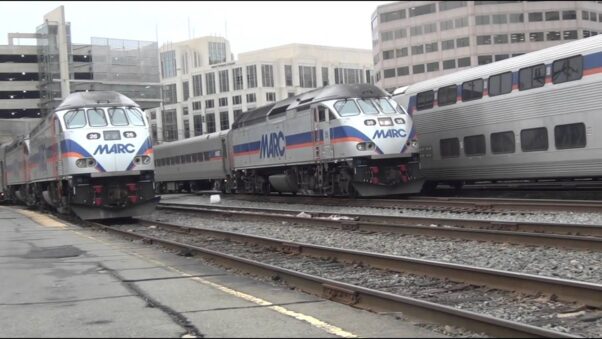 Three MARC trains pass each other in the rail yard outside Union Station. (Photo: HamRadio2008/YouTube)