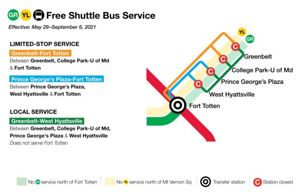 Map of the 4 closed Metro stations and free shuttle buses serving those stations. (Map: WMATA)