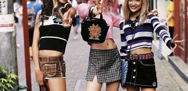 Three Asian girls with long hair wearing crop tops and mini skirts. (Photo: Pinterest)