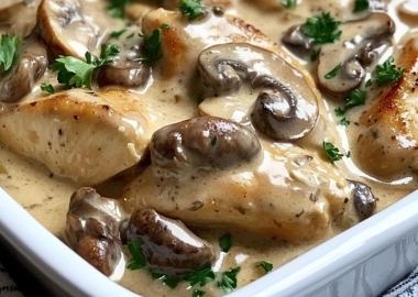 Baked chicken stroganoff in a white baking dish with mushrooms and gravy.