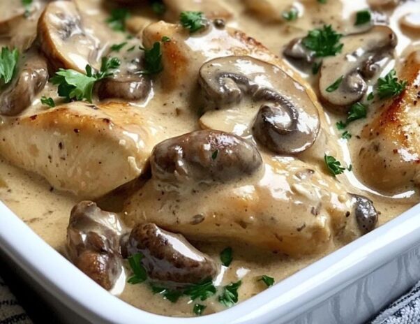 Baked chicken stroganoff in a white baking dish with mushrooms and gravy.