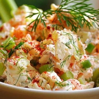 Crab salad with celery in a white serving bowl.