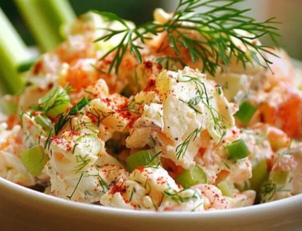 Crab salad with celery in a white serving bowl.