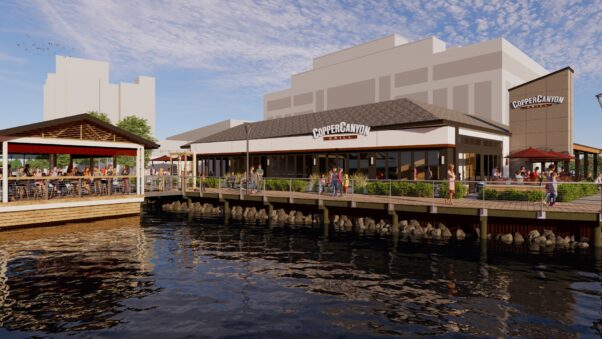 A rendering of Copper Canyon's new barge build in Rio's lake across from the restaurant entrance. (Rendering: Brookfield Restaurant Group)