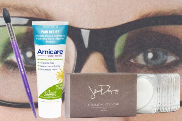 A close-up of Jillian Dempsey’s eyes with a make up brush, a tube of ointment and eye masks collaged on top.