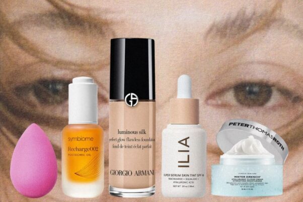 A close-up of Tei Shi’s eyes with a collage of products on top.
