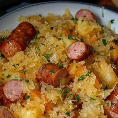 Polish sausage, sauerkraut and potatoes served in a white bowl. (Photo: Contributed)