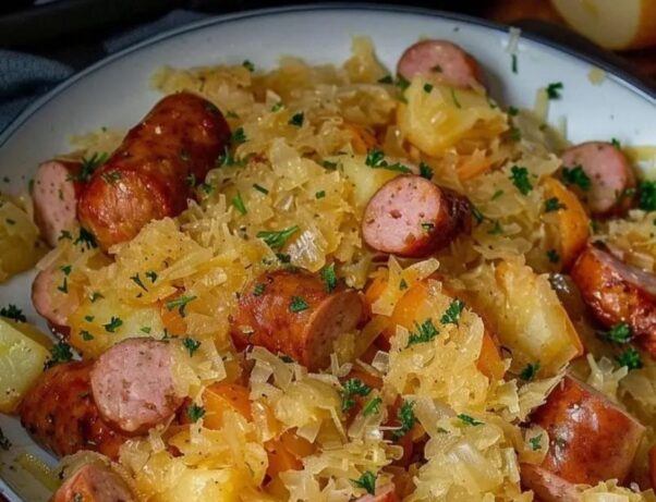 Polish sausage, sauerkraut and potatoes served in a white bowl. (Photo: 
Contributed)