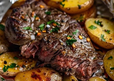 A steak with covered with parsley leaves and jalapenos surrounded by halved red potatoes in foil. (Photo: Contributed)
