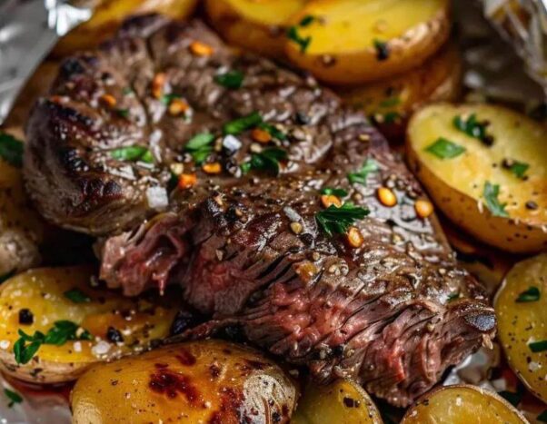 A steak with covered with parsley leaves and jalapenos surrounded by halved red potatoes in foil. (Photo: Contributed)