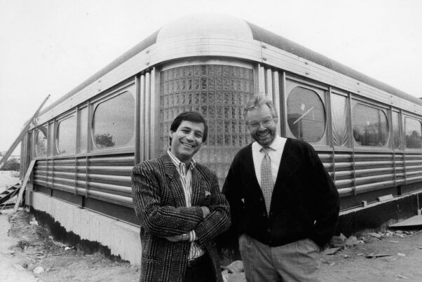 CEO Robert Giaimo, left, and Executive Chef Ype Von Hengst stand in front of their original Silver Diner in 
Rockville in a black and white photo. (Photo: Silver Diner)