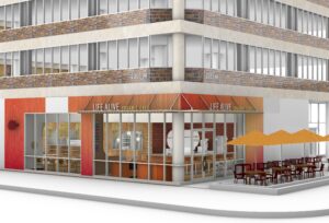 Rendering of the exterior of Life Alive with tables and chairs on teh sidewalk. (Rendering; Life Alive)