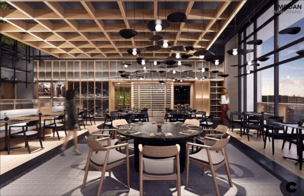 A rendering of Modan's main dining room with a wine room at the back and a wall of windows to the right. (Rendering: Modan)