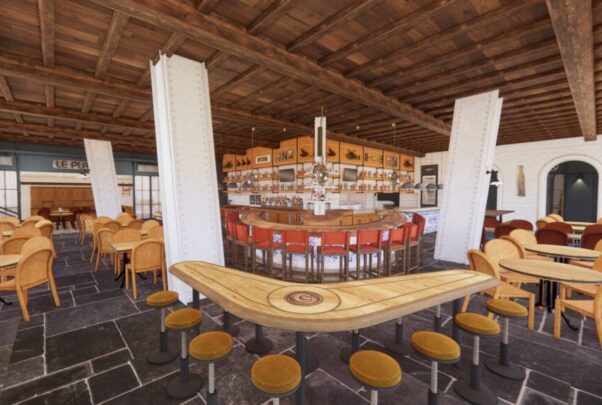 Rendering of Cordeilia's dining room & bar with orange chairs, wood tables & white walls. (Image: Clyde's Restaurant Group)