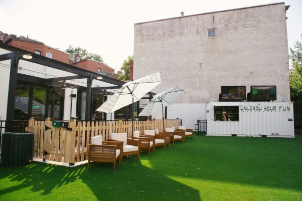The exterior, patio and dog park at Dog Daze Social Club. (Photo: Sophie Macaluso/IRL Agency)