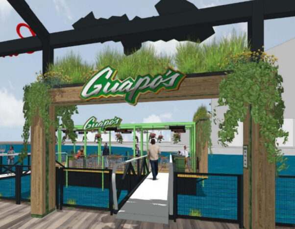 Rendering of Guapo's scrapped dining pier with an arbor over the entrance with plants on the top and a sign on the front. (Graphic: Guapo's)
