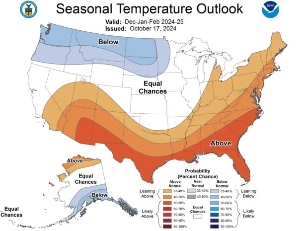 A map of the U.S. showing the seasonal temperature outlook for December through March. (Map: NOAA)