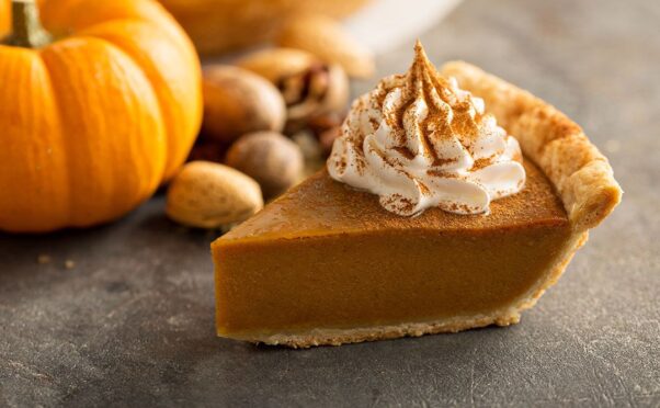 A slice of pumpkin pie topped with whipped cream and dusted with cinnamon on a table beside a pumpkin and some nuts. (Photo: Contributed)