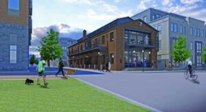 A rendering of Cooper Mill, a two-story red brick building with large glass windows facing the water on Alexandria's water front. (Rendering: Bonitt Builders)