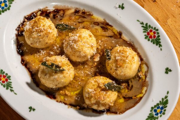 Gnudi, round ricotta dumplings cooked in brown butter and sage, then sprinkled with crumbled amaretti cookies. (Photo; Nina Palazzo)