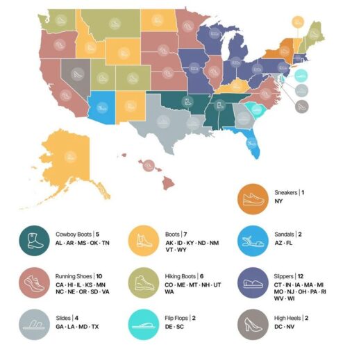 Map of the U.S. showing the most popular shoe in each state. (Graphic: KURU Footwear)