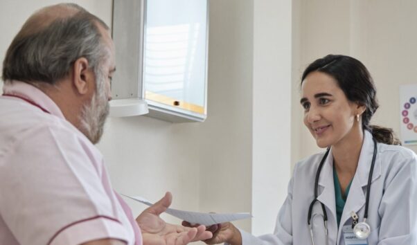 A female doctor sitting at her desk talks to a male patient. (Photo: GettyImages)