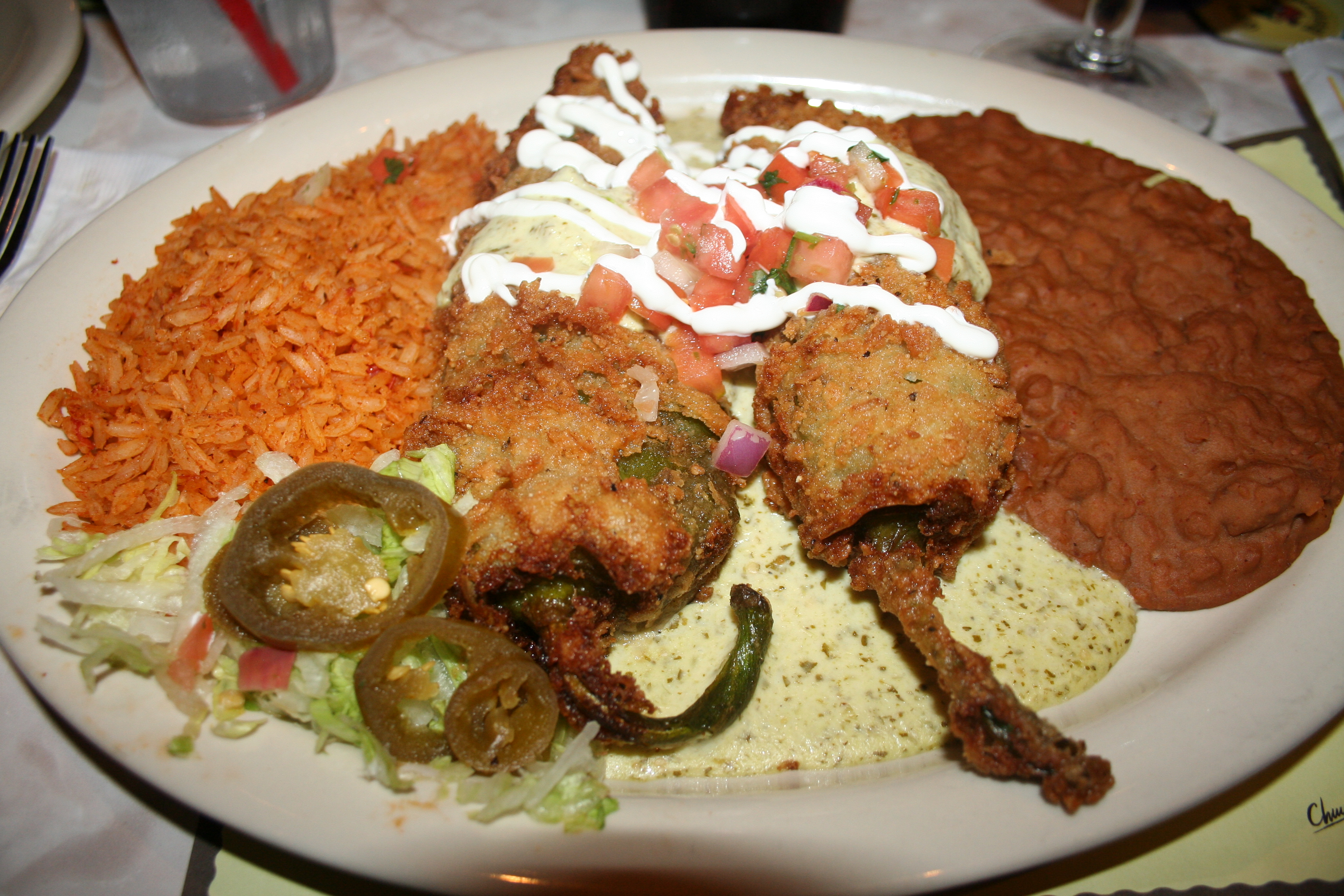 Chile rellenos filled with shrimp and cheese.  (Photo: Mark Heckathorn/DC on Heels)