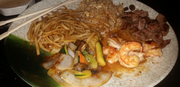The finished meal with shrimp, N.Y. strip steak, sauteed vegetables, fried noodles and fried rice. (Photo: Mark Heckathorn/DC on Heels)