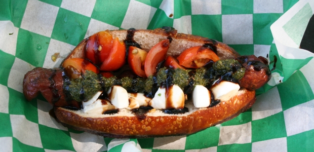 The LdV (Leonardo Dog Vinci) Caprese-style hot dog from Swizzle is one of the nominees in the Breakthrough Dish competition at this year's Curbside Cookoff. (Photo: Mark Heckathorn/DC on Heels)